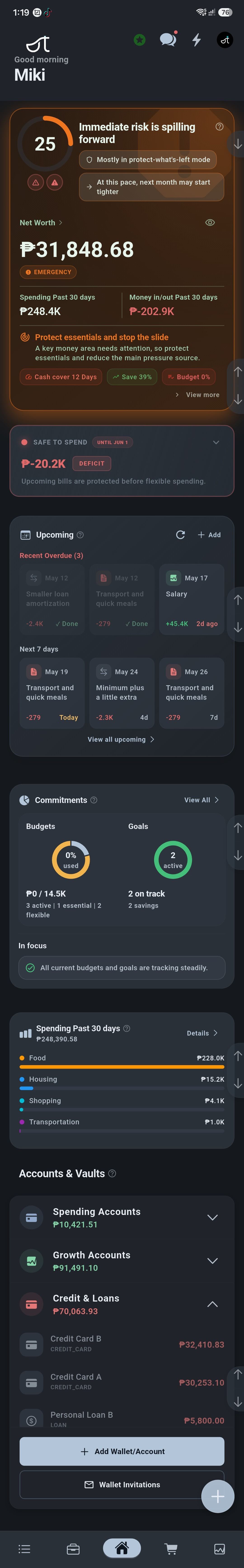 Ut Finance full home screen showing Guardian status, commitments, spending breakdown, accounts and recent transactions