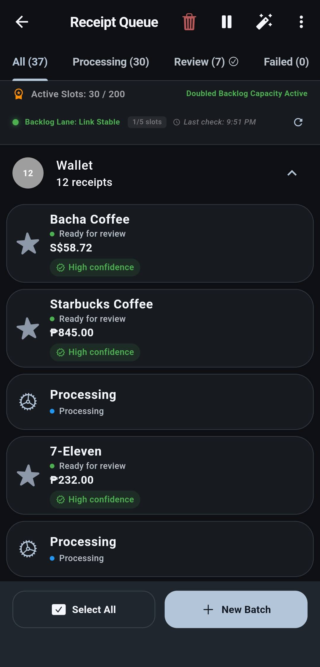 Batch OCR queue showing receipts in processing, completed, and enqueued states