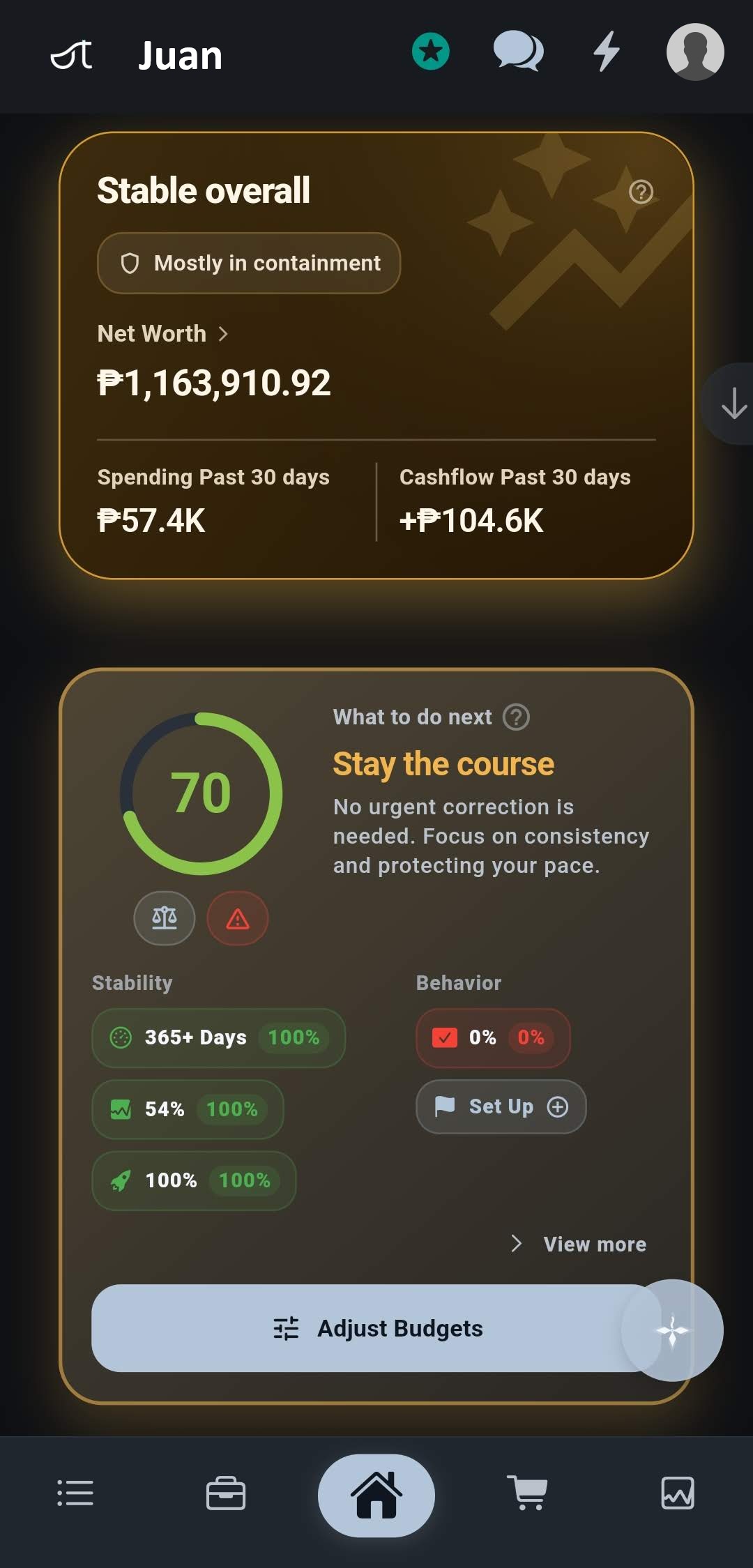 Ut Finance home screen showing Guardian status and financial overview