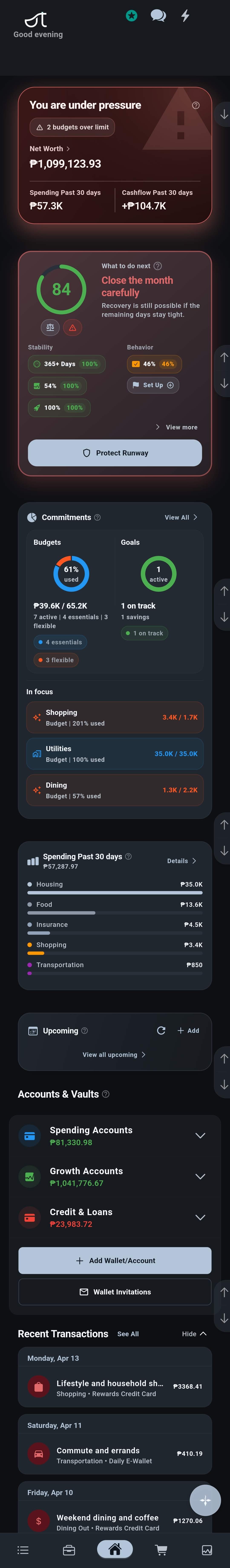 Ut Finance full home screen showing Guardian status, commitments, spending breakdown, accounts and recent transactions