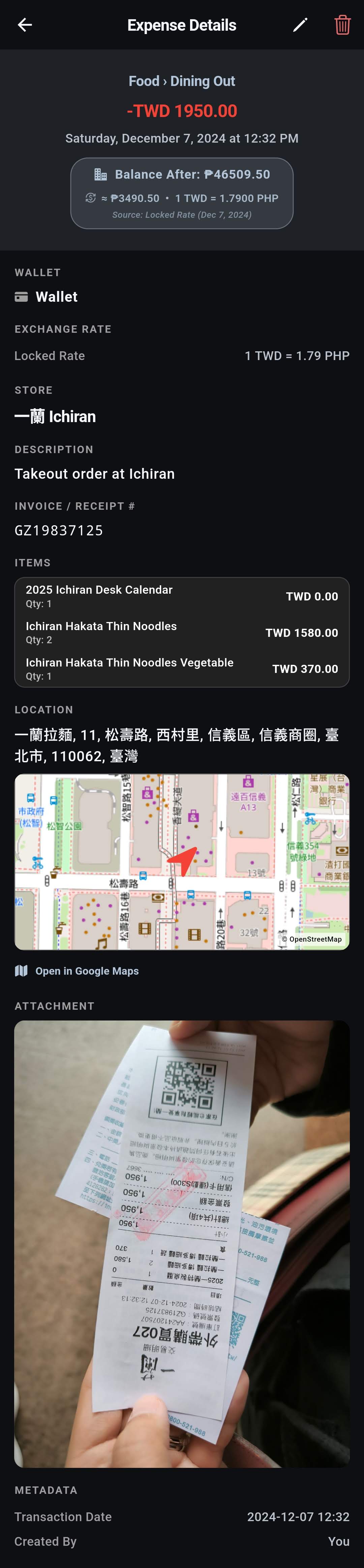 Parsed receipt showing merchant, line items, category, and locked exchange rate after saving