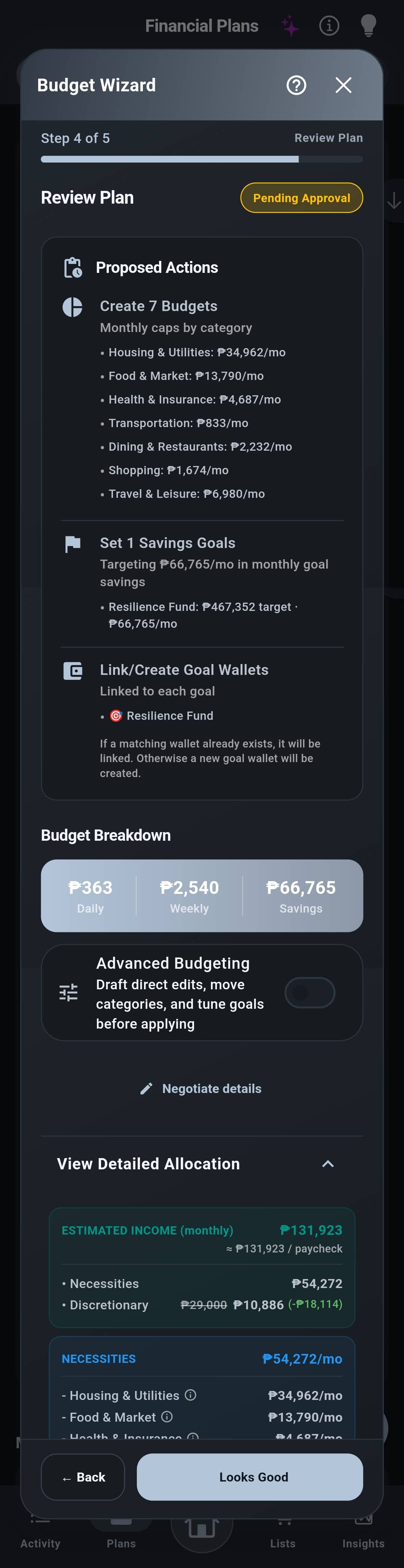 Budget Wizard review plan showing proposed budgets, savings goals, and negotiate option